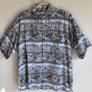 Vintage Pierre Cardin Hawaiian Shirt Mens Medium Blue Green Aloha Vacation